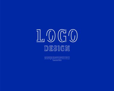 Modern yazı tipi levhası serif, iki beyaz şeritten oluşan alfabe, büyük ve küçük harflerle A 'dan Z' ye Latince harfler ve 0 'dan 9' a kadar Arap numaraları dizayn ya da logo için.