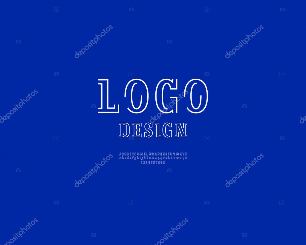 Trendy modern font slab serif, alphabet from two white stripes, uppercase and lowercase Latin letters from A to Z and Arab numbers from 0 to 9 for you design or logo, vector illustration 10EPS