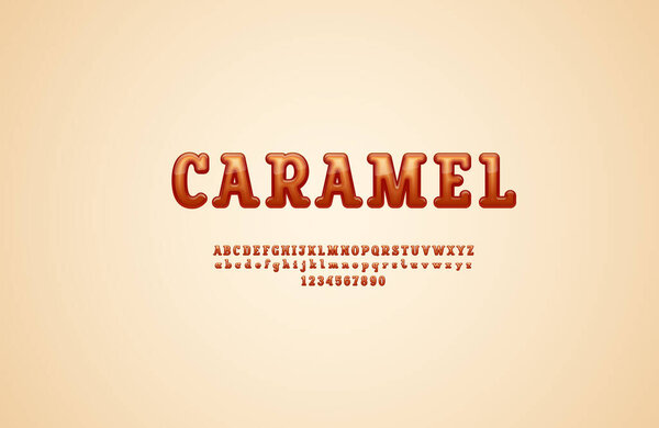 Slab serif 3d font, caramel alphabet, rounded uppercase and lowercase letters from A to Z and numbers from 0 to 9, vector illustration 10EPS