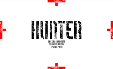 Kalıp siyah yazı tipi, yoğun askeri alfabe, modern büyük harf ve sayılar, vektör illüstrasyon 10eps