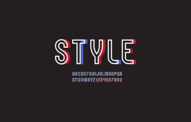 Şık yazı tipi, kentsel modern trend alfabesi, beyaz hatlar ve çok renkli parçalardan oluşan harf ve sayılar, vektör illüstrasyon 10EPS