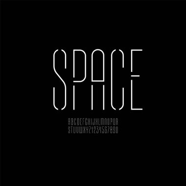 Ultra ince beyaz çizgi, modaya uygun stencil alfabe, modern yoğunlaştırılmış harfler ve siyah arkaplan üzerindeki numaralar yazı tipi