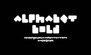 Pixel rounded font, trendy white alphabet, bold letters and numbers made in urban style, vector illustration 10eps