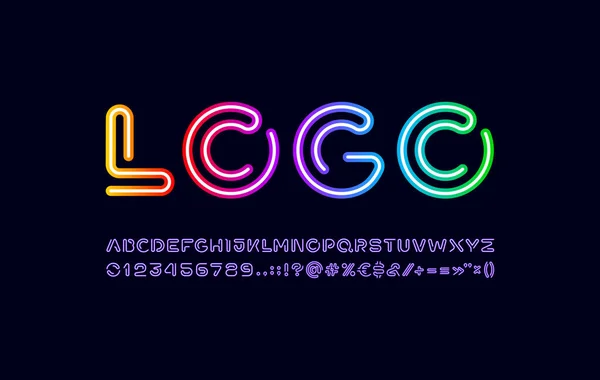 Alfabetet av ljus färg, techno neon typsnitt, bokstäver och siffror — Stock vektor
