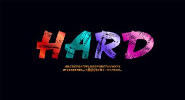 El fırçası ile yazılmış eski yazı tipi, parlak betik kaba alfabe, el yazısı grunge harfleri ve sayılar, vektör illüstrasyonu 10EPS