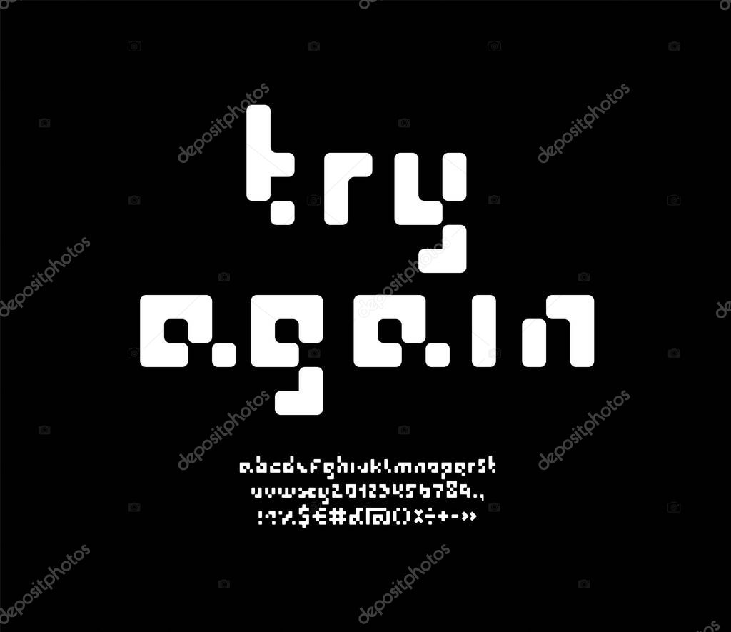 Pixel digital font, white alphabet, letters and number, vector illustration 10eps