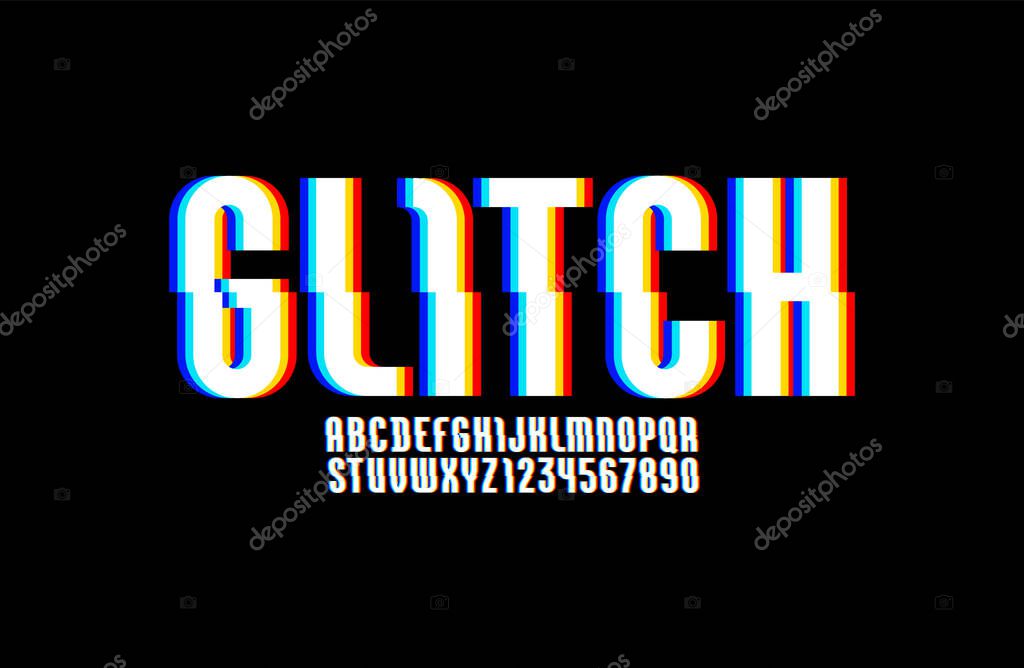 Alphabet of distorted glitch effect, shifted white font, letters and numbers with effect sliced.
