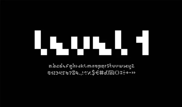 Pixel fuente digital, alfabeto blanco, letras y número, ilustración vectorial 10eps — Vector de stock
