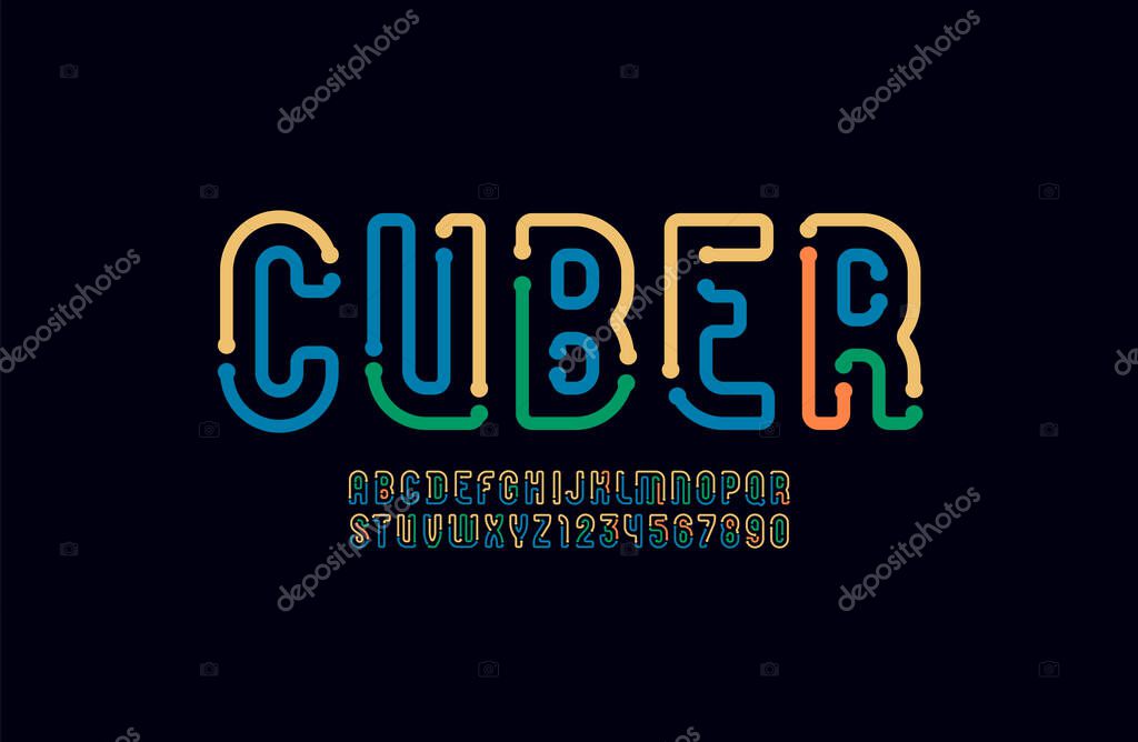 Digital font, tech alphabet, technology letters and numbers made of segments and parts of wire of different colors, vector illustration 10EPS