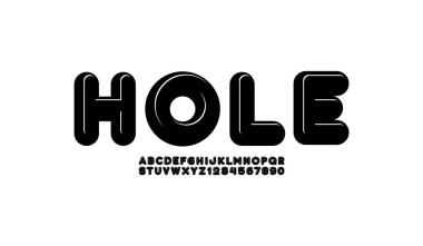 Büyük yazı tipi, kalın yuvarlak alfabe, A 'dan Z' ye güçlü büyük harfler ve 0 'dan 9' a Arap rakamları, vektör illüstrasyon 10EPS