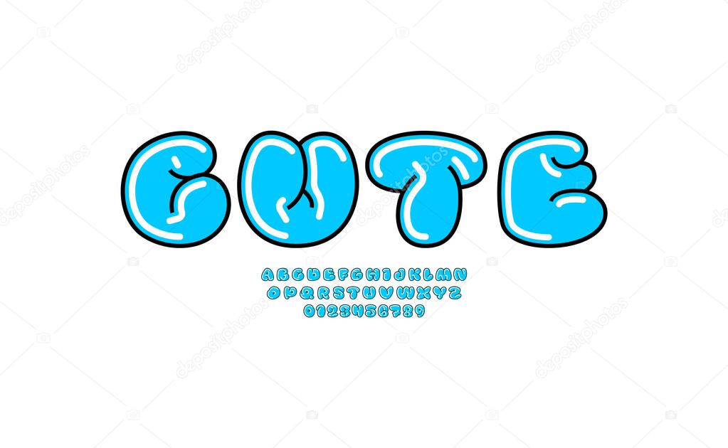 Colored font, comic alphabet in the cartoon style, uppercase letters and numbers, vector illustration 10EPS