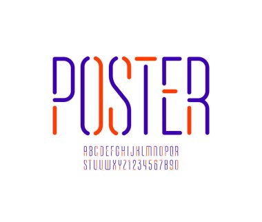 İnce satırdan yazı tipi, çok renkli alfabe, yuvarlak yoğunlaştırılmış harf ve sayılar, 10EPS vektör illüstrasyonu