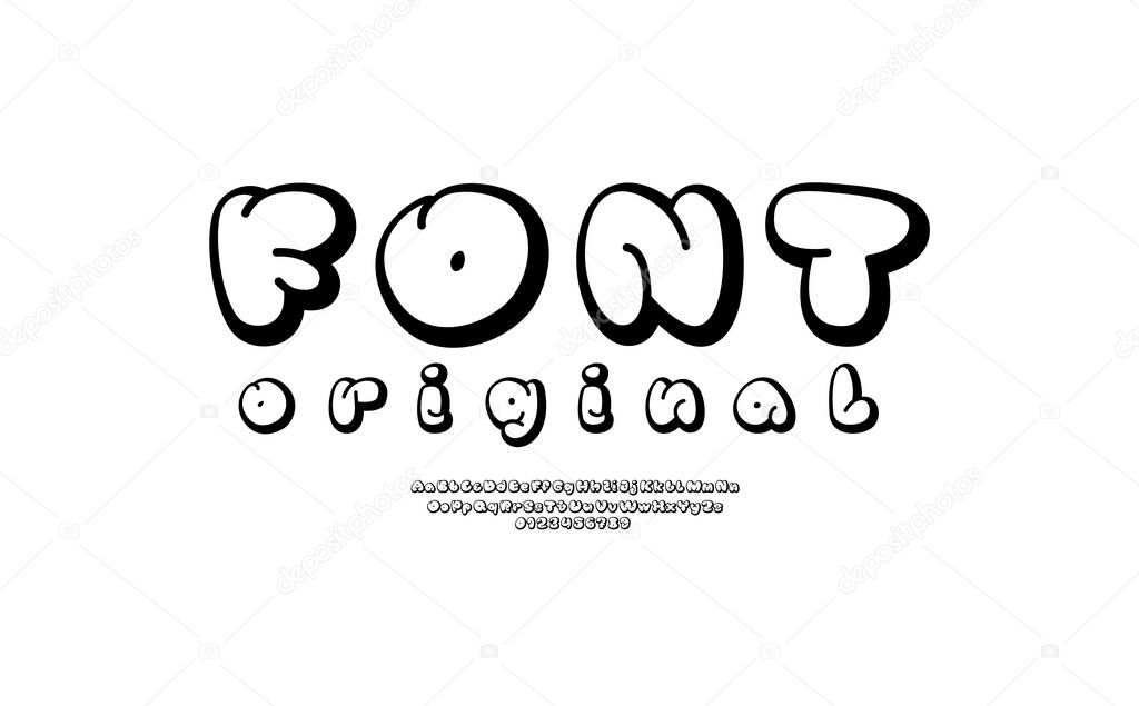 Outline font, comic alphabet in the cartoon style, uppercase and lowercase letters and numbers