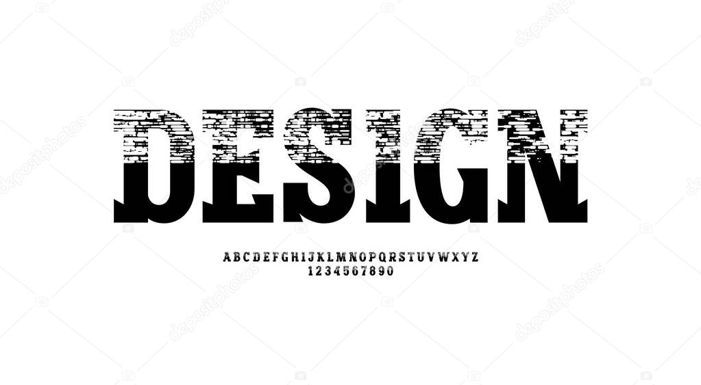 Trendy black font, bold slab serif alphabet, uppercaseletters and numbers, vector illustration 10EPS