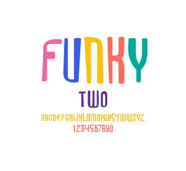 Oyuncu renkli yazı tipi, modern çocuk alfabesi, moda harfler ve sayılar, vektör illüstrasyonu 10EPS