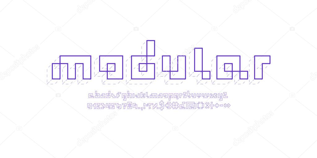 Pixel font, violet alphabet made in gray dotted line 3d style, vector illustration 10EPS