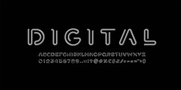 Digital Alphabet Font Rounded Wire Technology Style Letters Numbers Vector —  Vetores de Stock