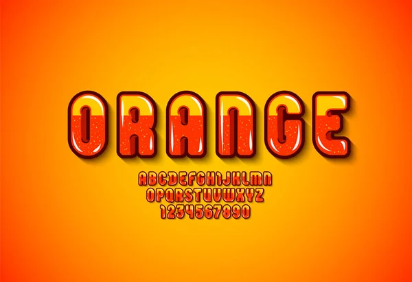 Orange Font Alphabet Cartoon Style Bright Rounded Letters Numbers Vector — Stok Vektör