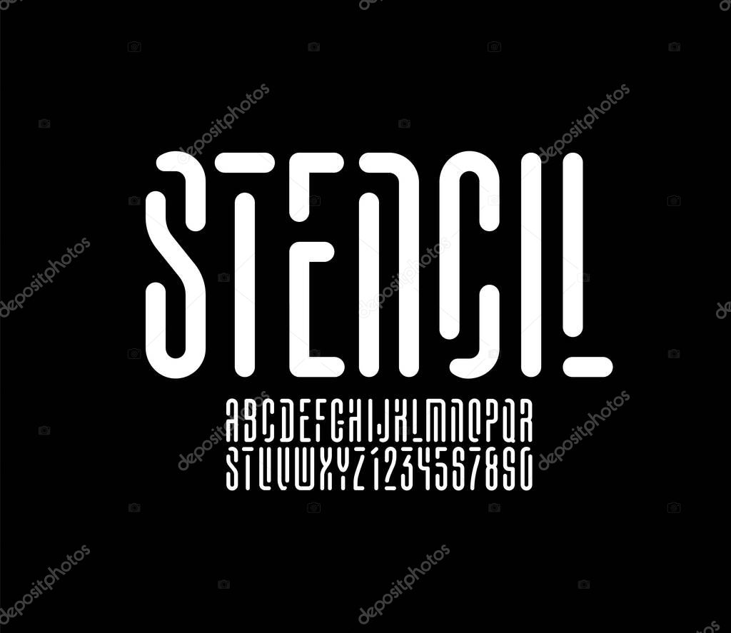 Stencil rounded font, condensed alphabet, letters and numbers, vector illustration 10EPS