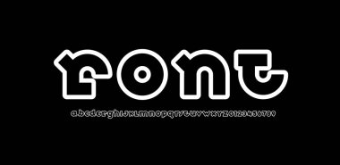 Dijital siyah yazı tipi, yuvarlak modern alfabe, A 'dan Z' ye moda kalın harfler ve 0 'dan 9' a rakamlar, vektör illüstrasyonu 10EPS