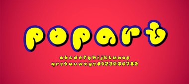 Sarı yazı tipi, çizgi film tarzında komik alfabe, büyük harf ve küçük harf ve sayılar, vektör illüstrasyonu 10EPS