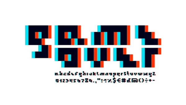 Glitch Pixel Font Alphabet Typeface Bold Letters Number Set Made — Vector de stock