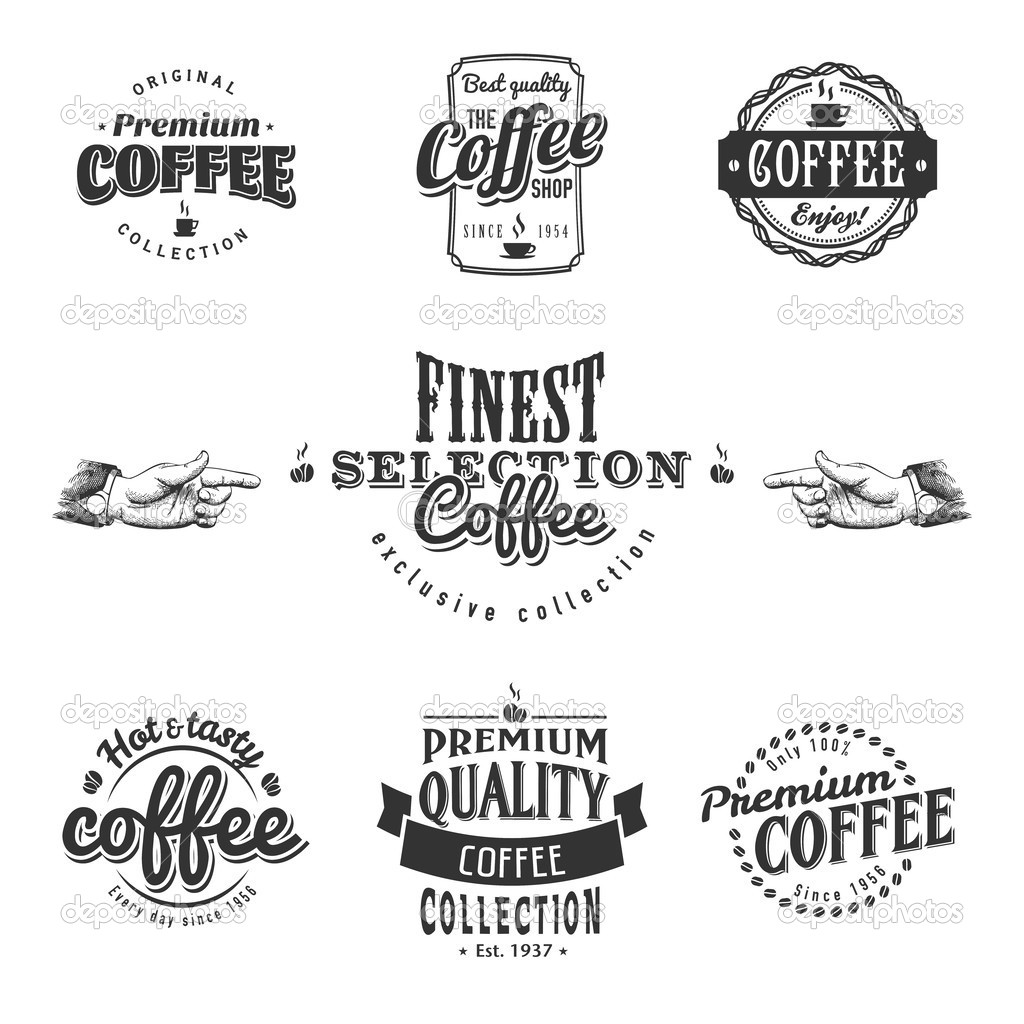 Set of coffee shop sketches and text symbols