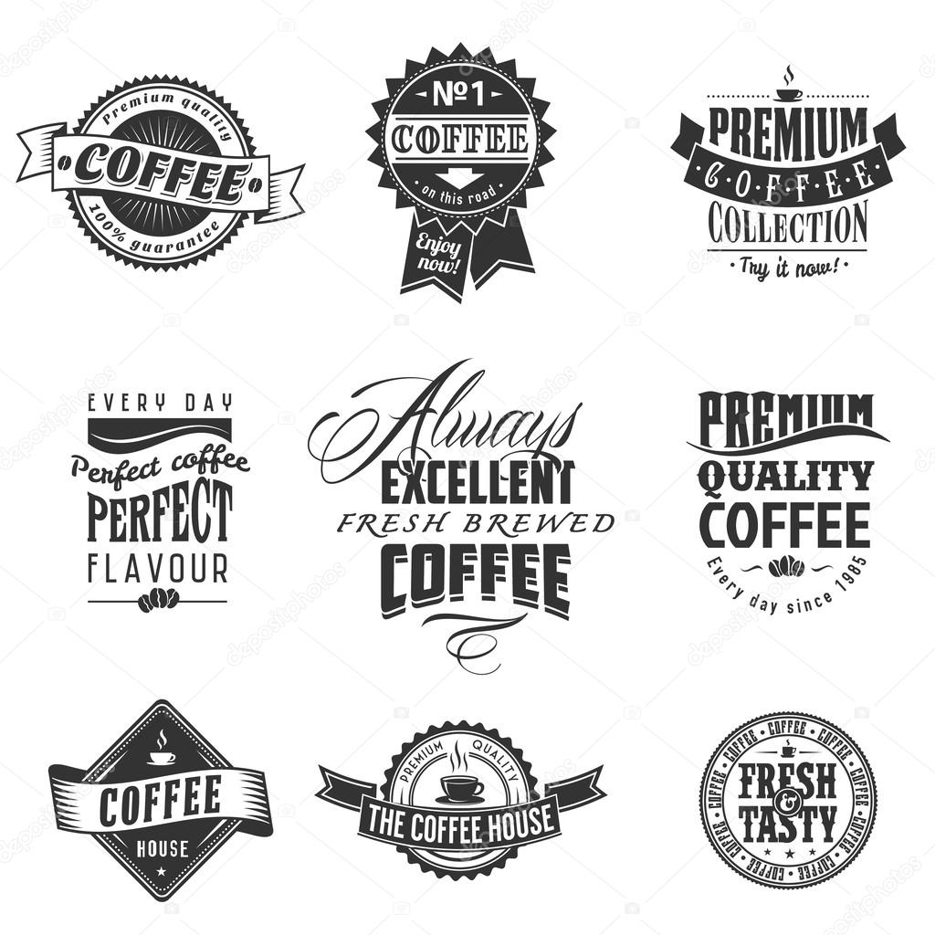 Set of coffee shop sketches and text symbols