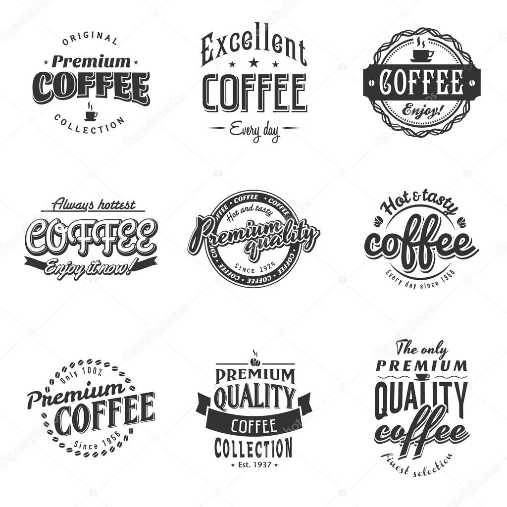 Set of coffee shop sketches and text symbols