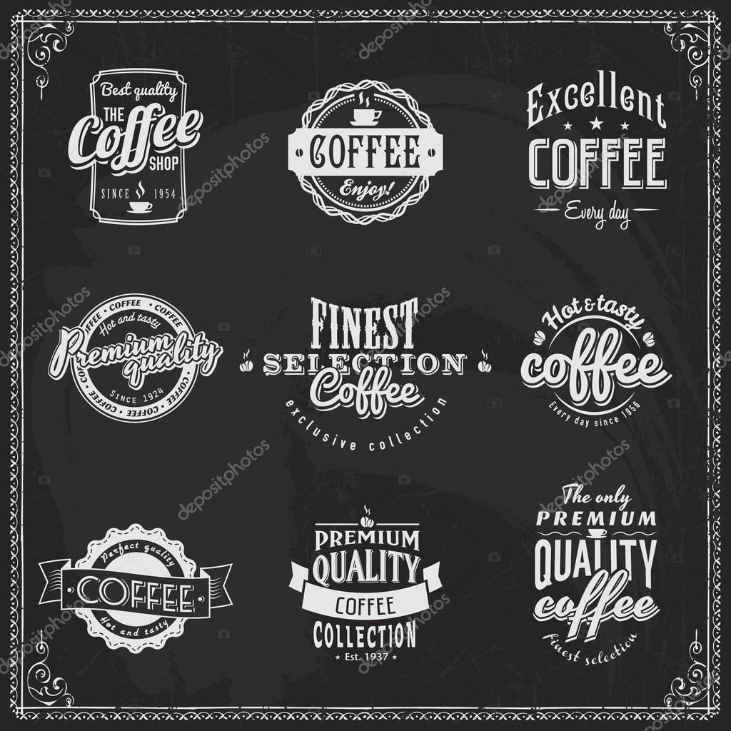 Set of coffee shop sketches and text symbols on a chalkboard Chalk lettering