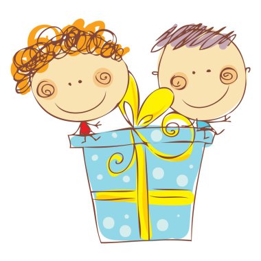Boy, girl and gift box clipart