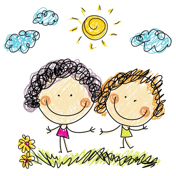 Deux filles, fleurs et soleil — Image vectorielle