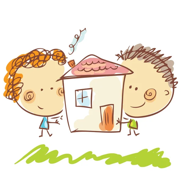 孩子们和小房子 — 图库矢量图片