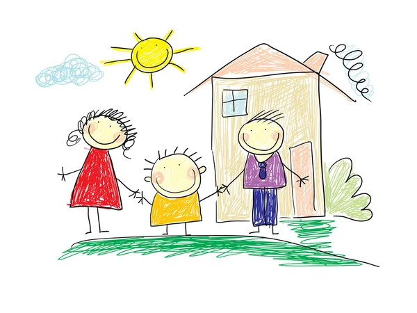 El dibujo del niño - la familia feliz — Vector de stock