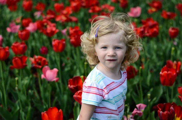 Blond girl and red tulips — ストック写真