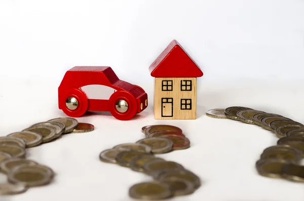 Coins, car and house — Stock Photo, Image