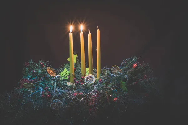 Shining Candles Colorful Decorated Advent Wreath Four Candles Black Background — Stock Photo, Image