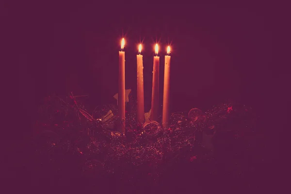 Shining Candles Colorful Decorated Advent Wreath Black Background — Stock Photo, Image