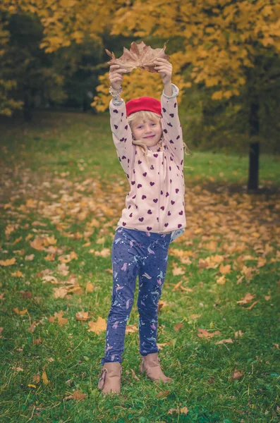Adorable Blond Girl Colorful Jacket Enjoying Color Autumnal Leaves — Fotografia de Stock