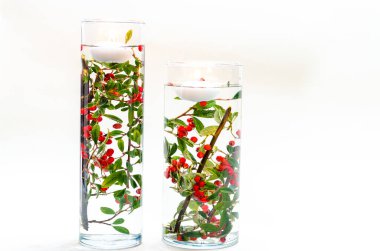 Vazodaki su yüzeyinde yüzen çay mumu ve içinde yeşil ve kırmızı bitki süslemeleri.