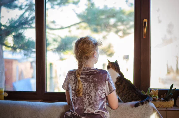 Chica Rubia Con Gato Doméstico Sentado Junto Ventana —  Fotos de Stock