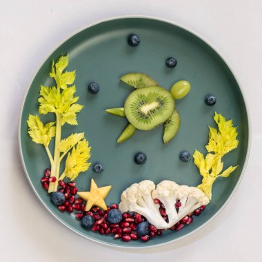 Deniz dünyasındaki kaplumbağa, mercan ve bitkiler böğürtlenler, kivi, salata ve karnabahar tabaktaki izole renkli gıda fikirleri.