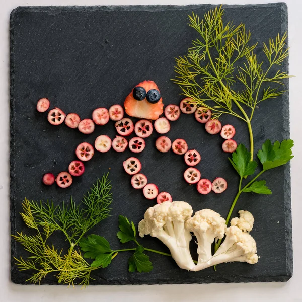 Octopus Made Red Fruits Sea World Cauliflower Green Herbs Black — Stock Photo, Image