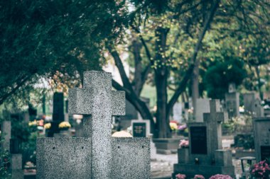 Mezarda yanan mum ve kasımpatı çiçeği dekoru.