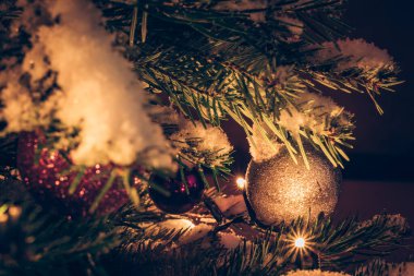 Noel süsleri ağaçta parlayan ışıklarla kaplı.