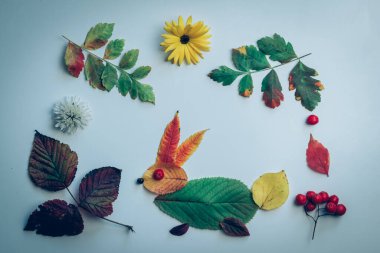 Renkli yapraklardan yapılmış tavşan ve beyaz arka planda parlak çiçekler.