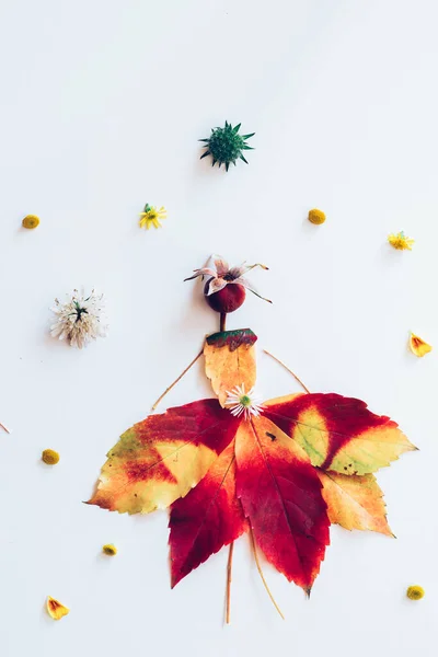 Cute Figure Fairy Dancer Made Colorful Leaves Bright Flowers White — Stock Photo, Image