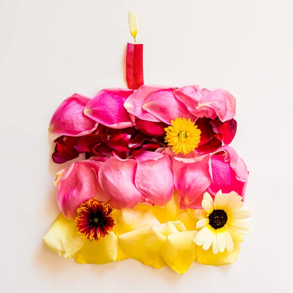 Happy Birthday Cake Made Rose Petals Leaves — Stock Photo, Image