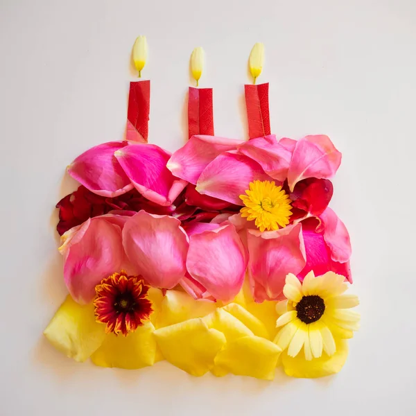 Happy Birthday Cake Made Rose Petals Leaves — Stock Photo, Image