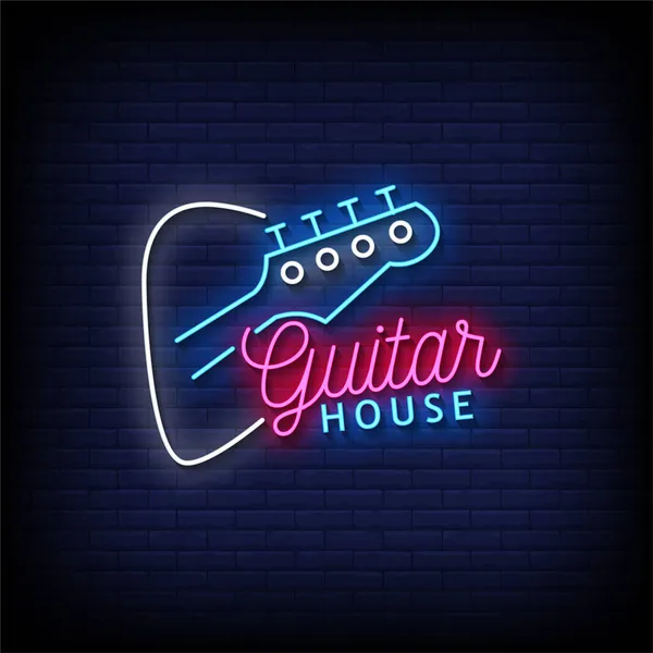 Gitarre Haus Leuchtreklame Neon Stil Vektorillustration — Stockvektor